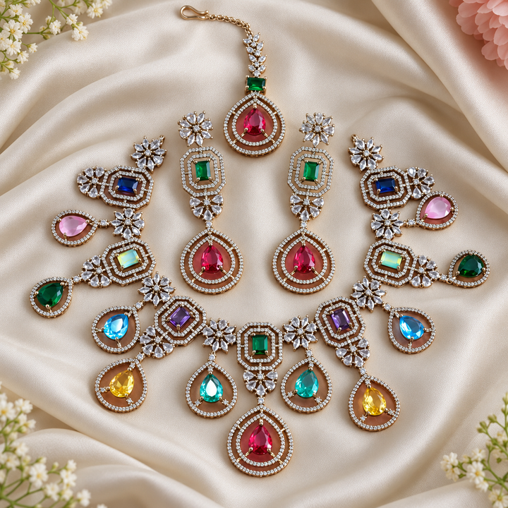 Victorian AD Necklace & Maangtikka Set - Sparkle Waterdrop