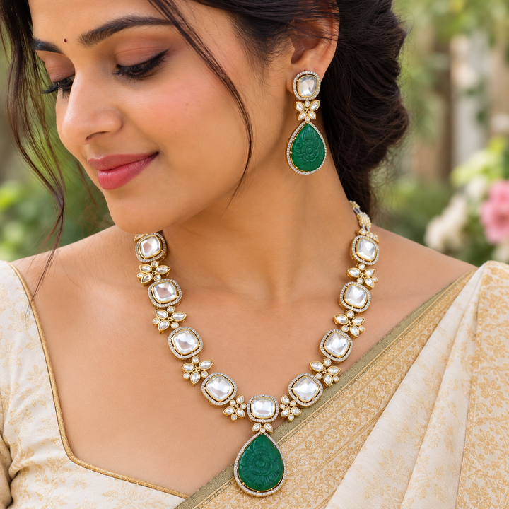 Green Victorian Floral AD Necklace with Stone Drops