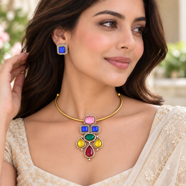 Navarathna Square Mango Pendant AD Choker
