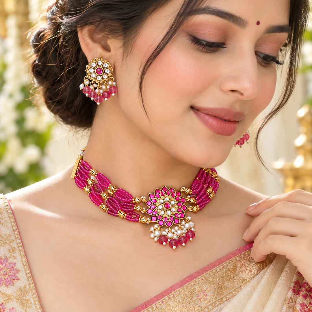 Exquisite Gold & Pink Necklace Set for Weddings