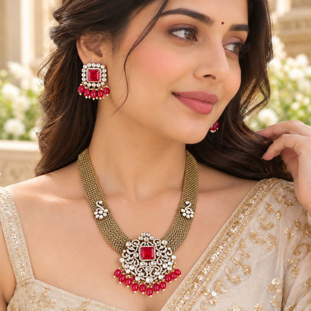 Victorian Floral Carved AD Kundan Necklace