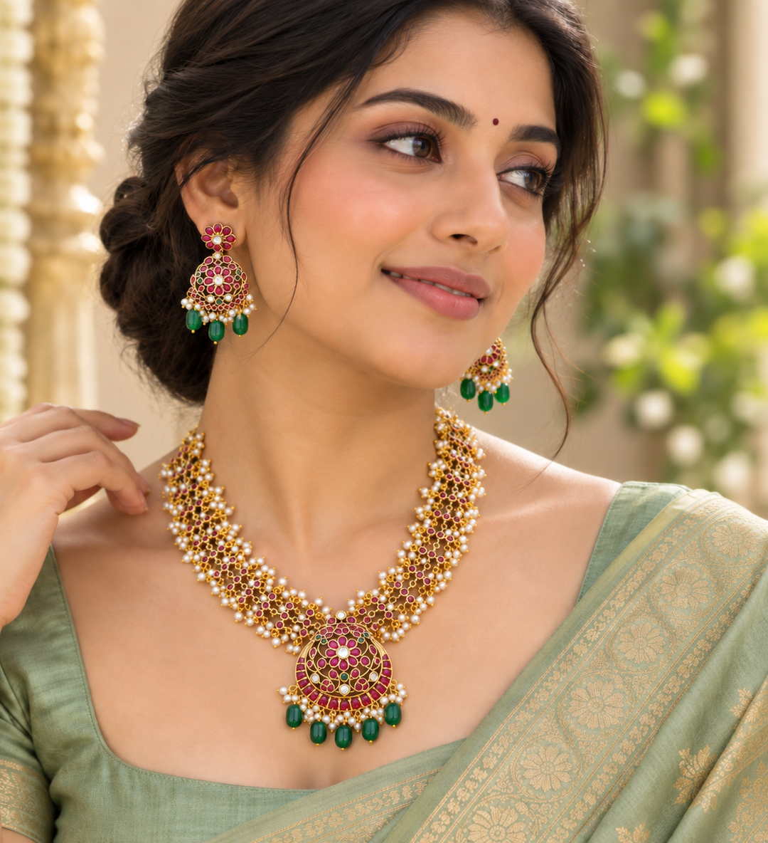 Stunning Gold Jadau Necklace Set for Weddings