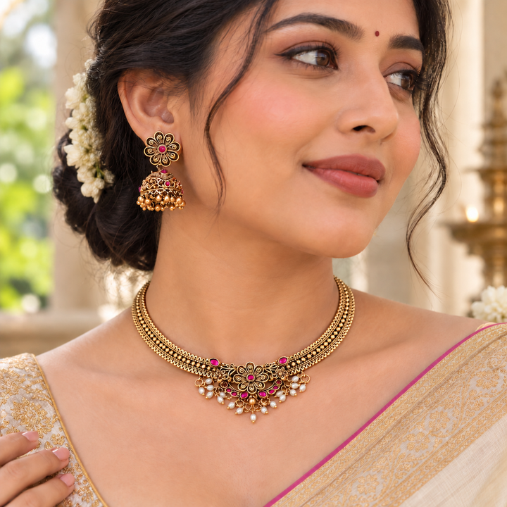 Exquisite Gold-Tone Short Necklace with Earrings