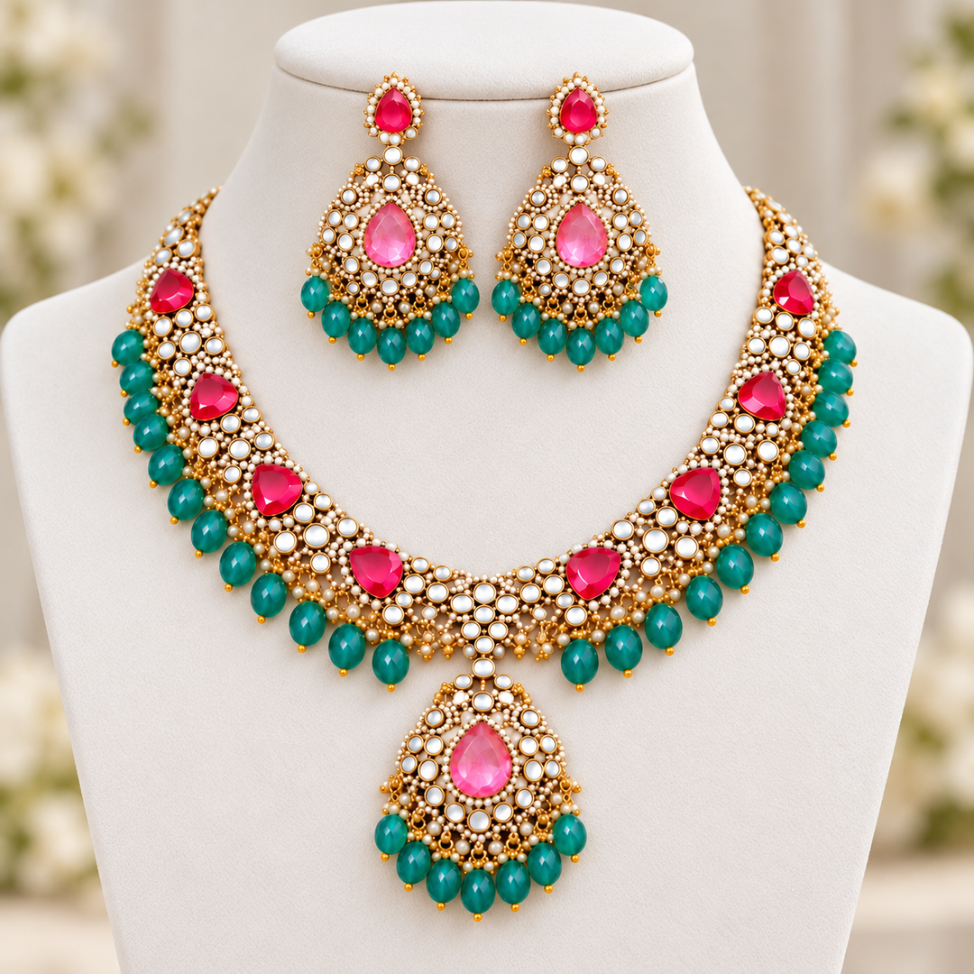 Victorian Red & Green Necklace Set - Festive Elegance
