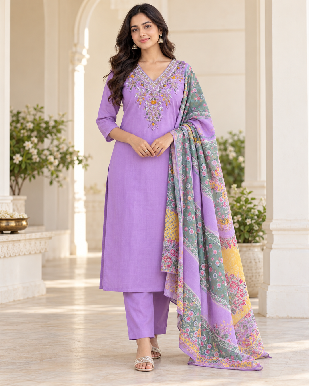 Lavender Silk Kurti & Pant Set with Print Dupatta