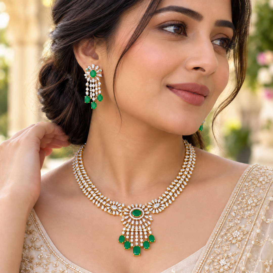 Stunning American Diamond & Green Accent Necklace Set