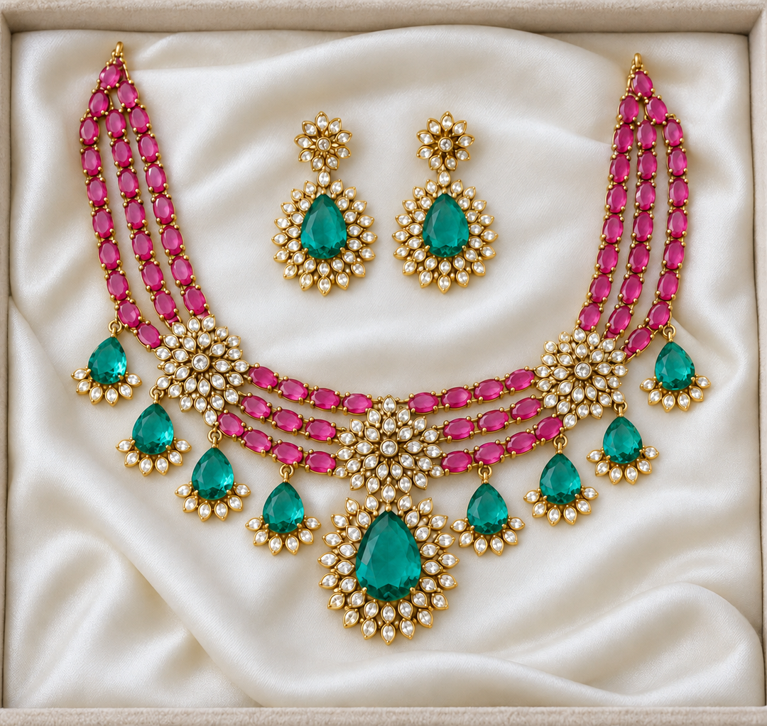 American Diamond & Emerald Necklace Set - Sparkle & Glow