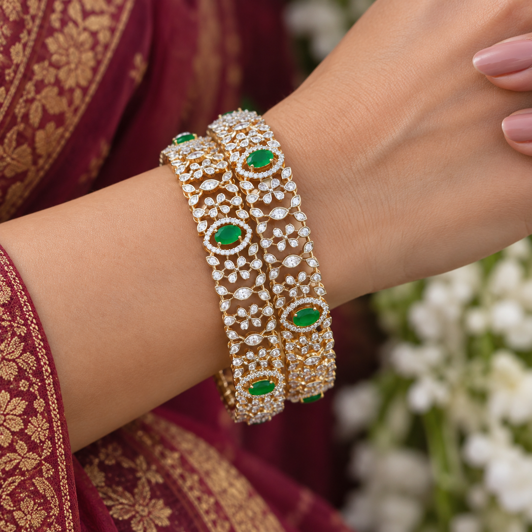 Elegant American Diamond & Emerald Bangles