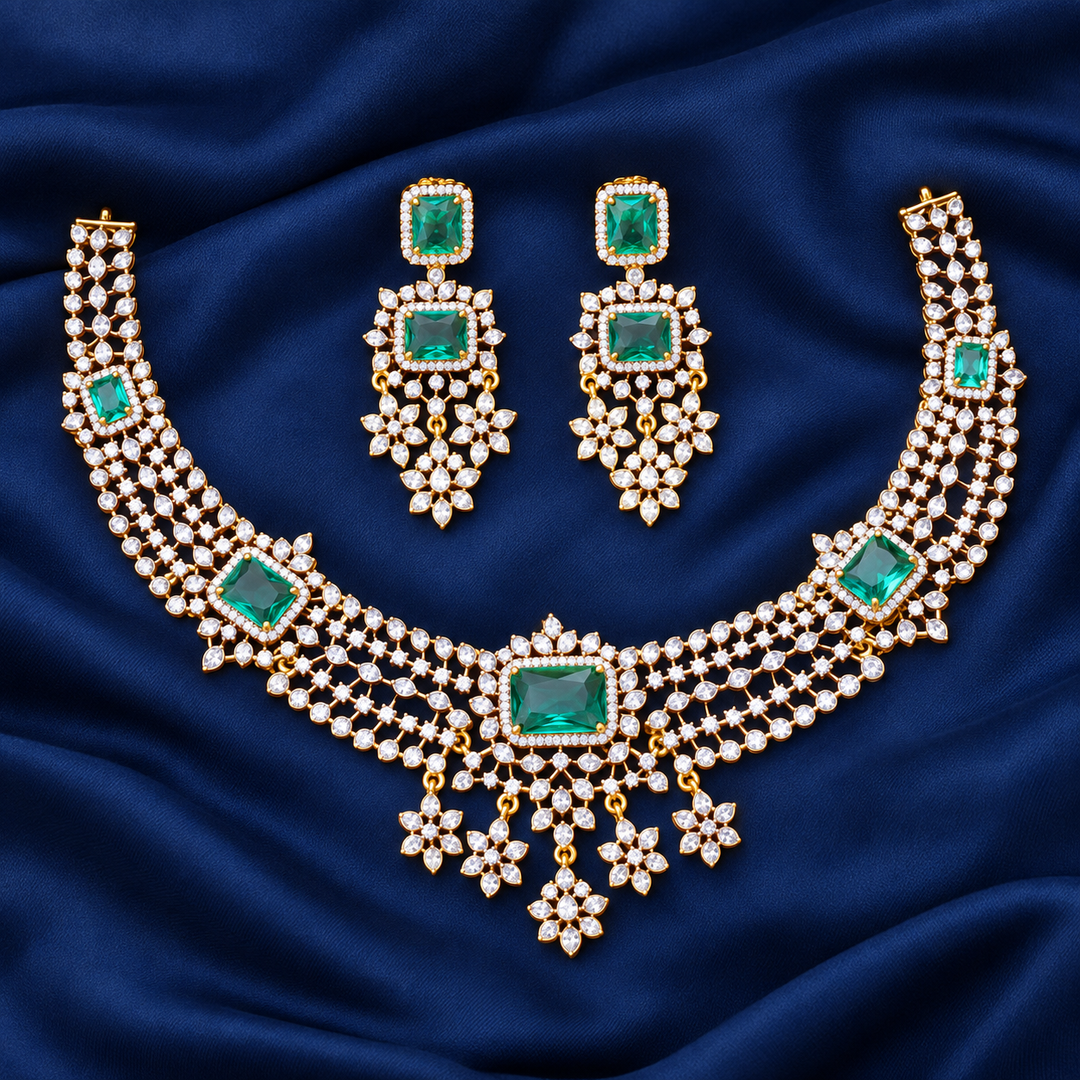 Exquisite Emerald Short Necklace Set with Gold Plating