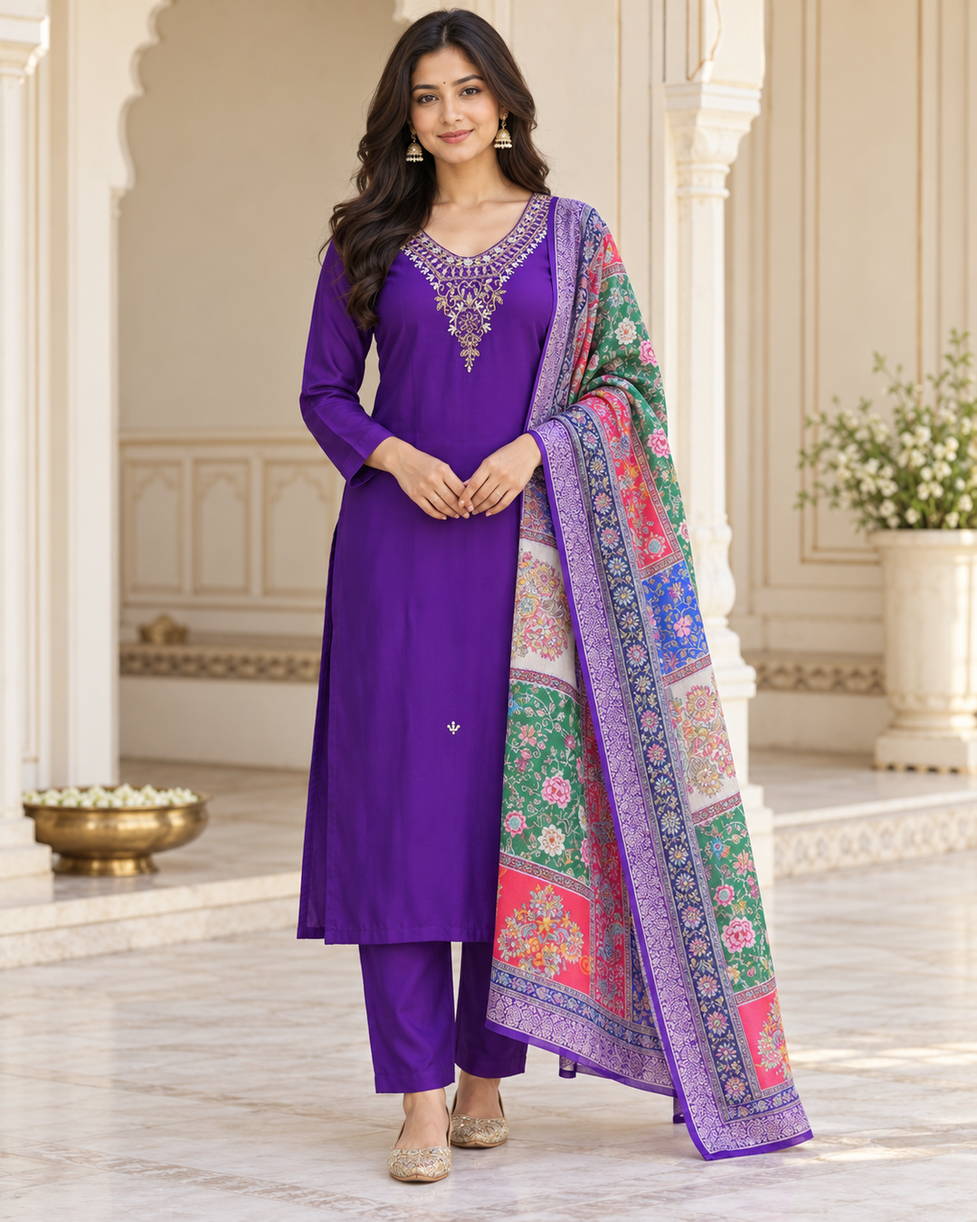 Purple Modal Silk Kurti Set with Digital Dupatta