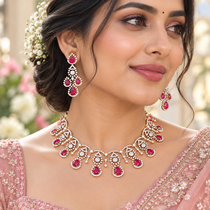 Exquisite American Diamond Necklace Set with Ruby