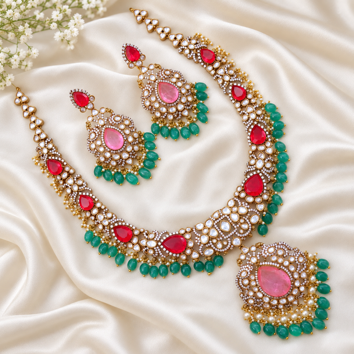 Victorian Red & Green Necklace Set - Festive Elegance