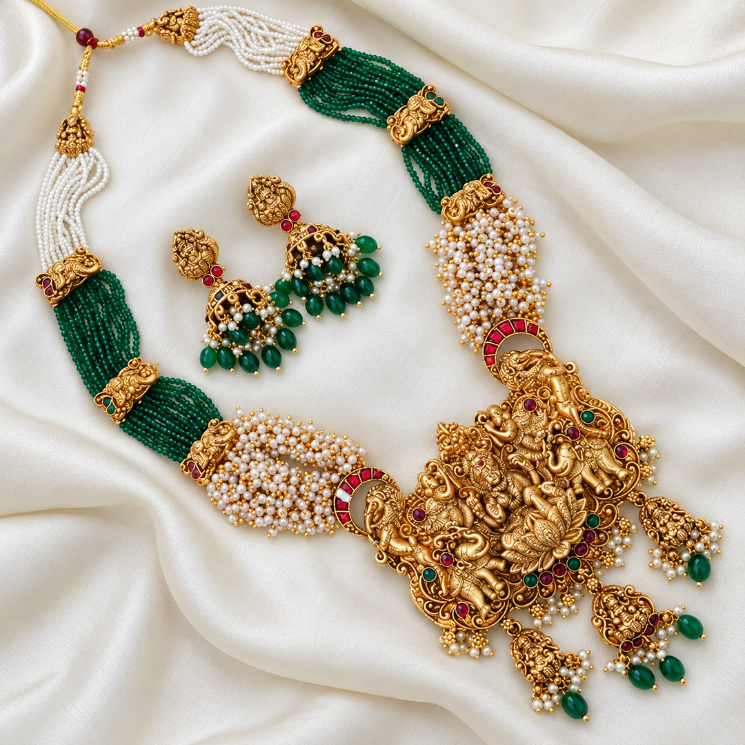 Exquisite Gold Plated Temple Long Necklace Set