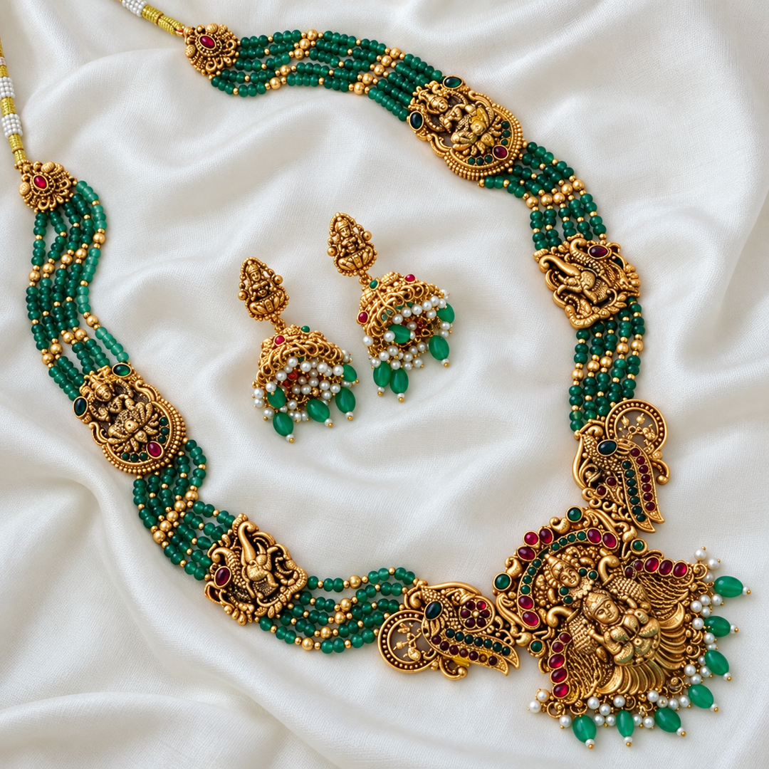 Exquisite Temple Jewellery with Emerald Beads