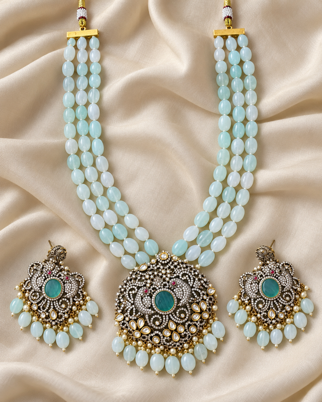 Parrot Floral Victorian AD Haram with Beads - Mint