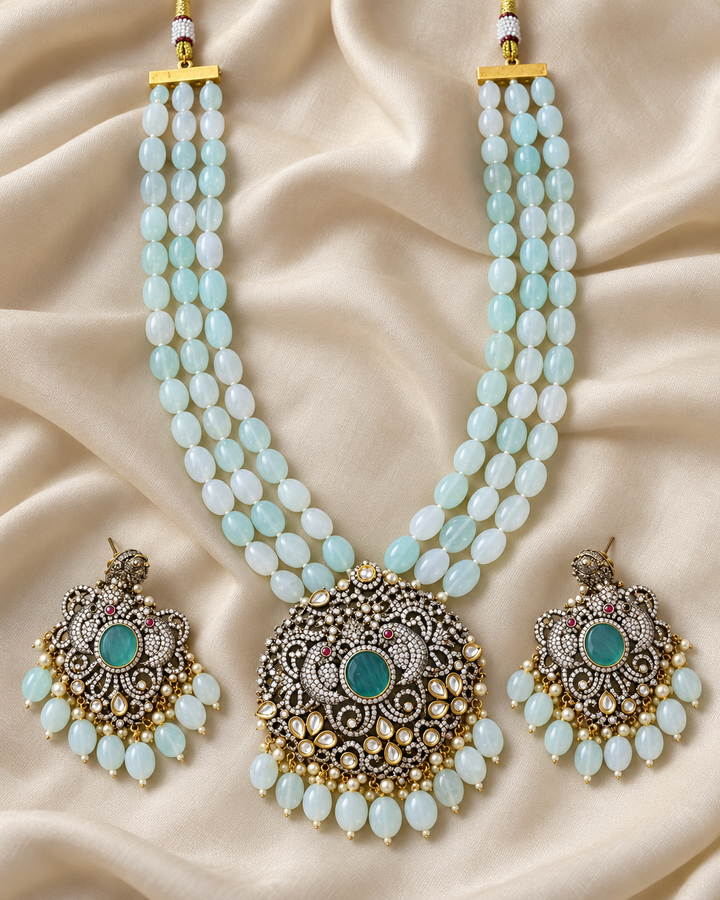 Parrot Floral Victorian AD Haram with Beads - Mint