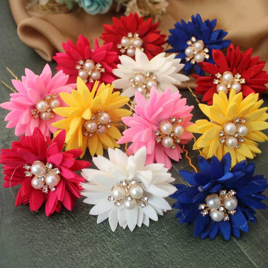 Multicolor Pearl & Fabric Flower Hair Pins – Set of 12 - Sparkle and Glow