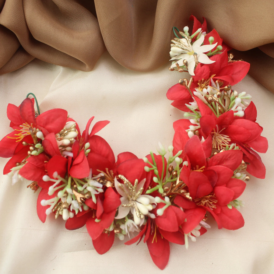 Red & White Artificial Floral Gajra with Golden Accents - Sparkle and Glow