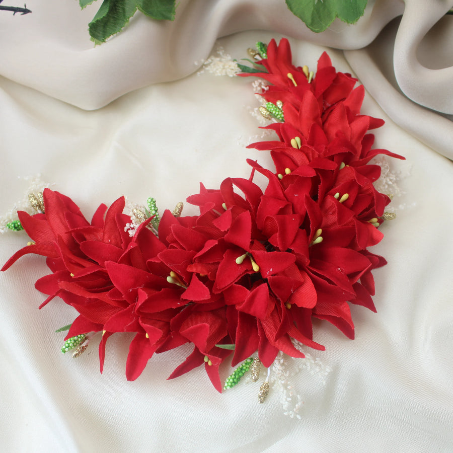 Red Artificial Floral Hair Gajra – Bun Decoration - Sparkle and Glow