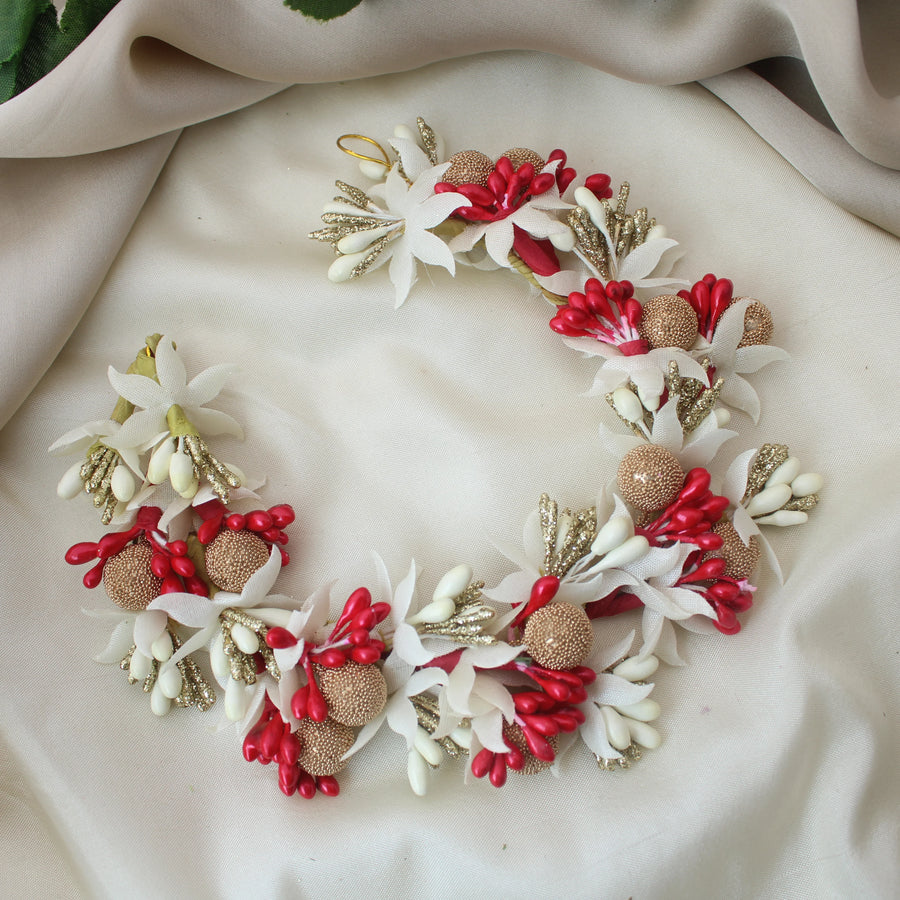 Red & White Artificial Floral Bun Gajra with Golden Accents - Sparkle and Glow
