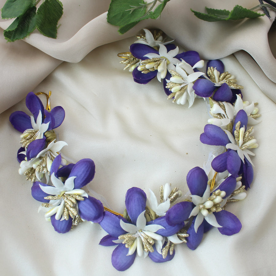 Purple & White Artificial Floral Hair Gajra with Golden Accents - Sparkle and Glow