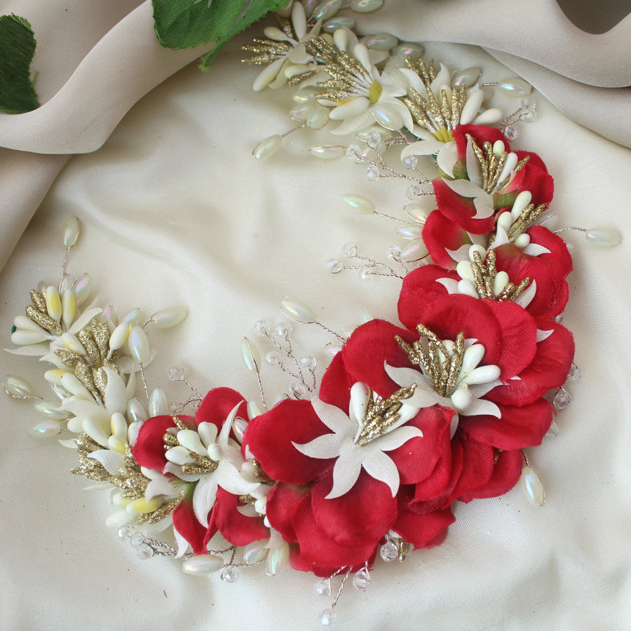 Red & White Artificial Floral Gajra with Pearlescent Beads - Sparkle and Glow