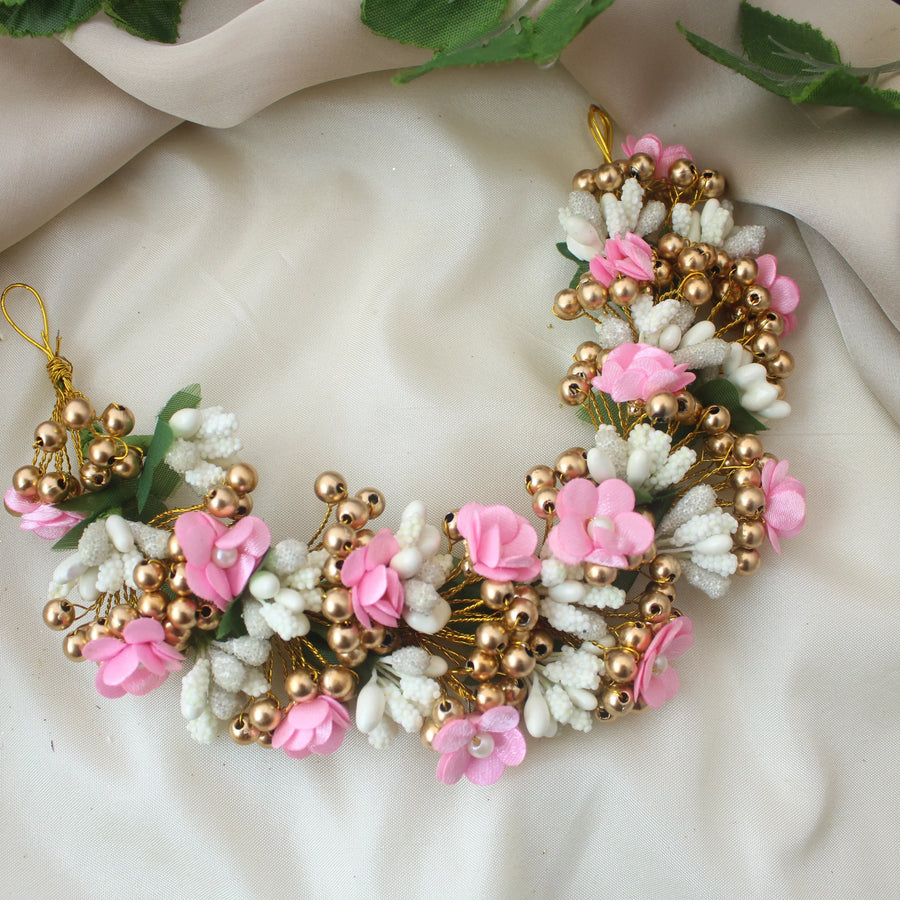 Pink & White Artificial Floral Gajra with Golden Beads - Sparkle and Glow