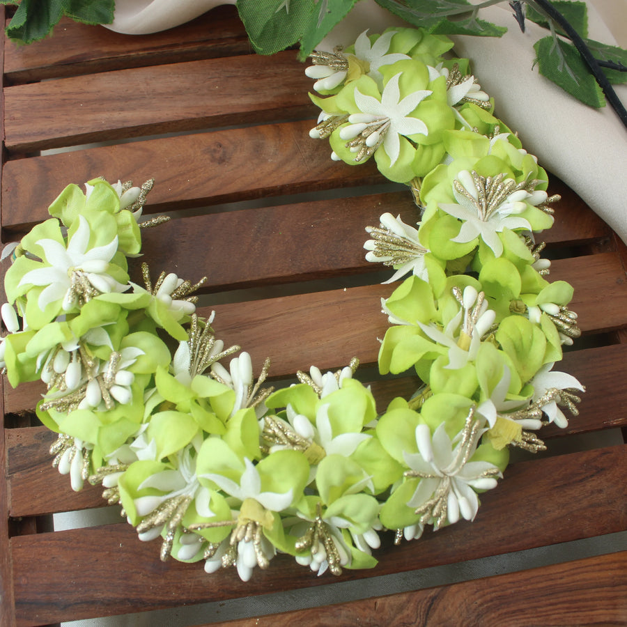 Light Green & White Artificial Floral Hair Gajra with Golden Accents - Sparkle and Glow