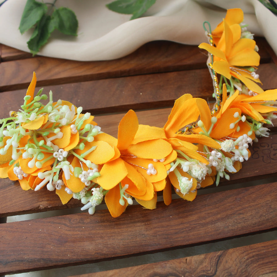 Bright Yellow Artificial Floral Gajra with Bud Embellishments – Bun Hair Accessory - Sparkle and Glow