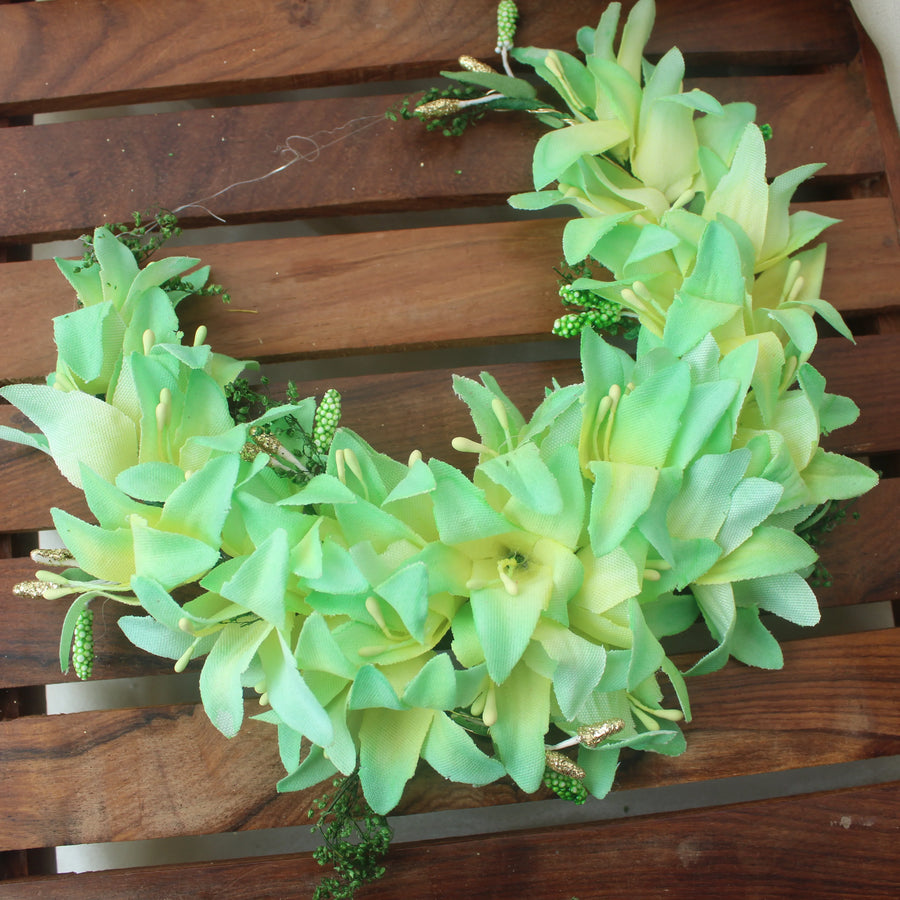 Light Green Artificial Floral Gajra with Bud Accents – Bun Hair Accessory - Sparkle and Glow