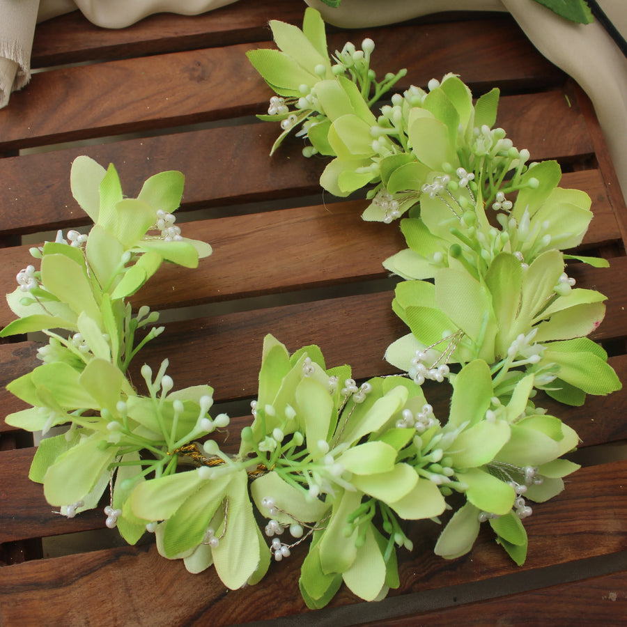 Light Green Artificial Floral Gajra with Pearl Accents – Bun Hair Accessory - Sparkle and Glow