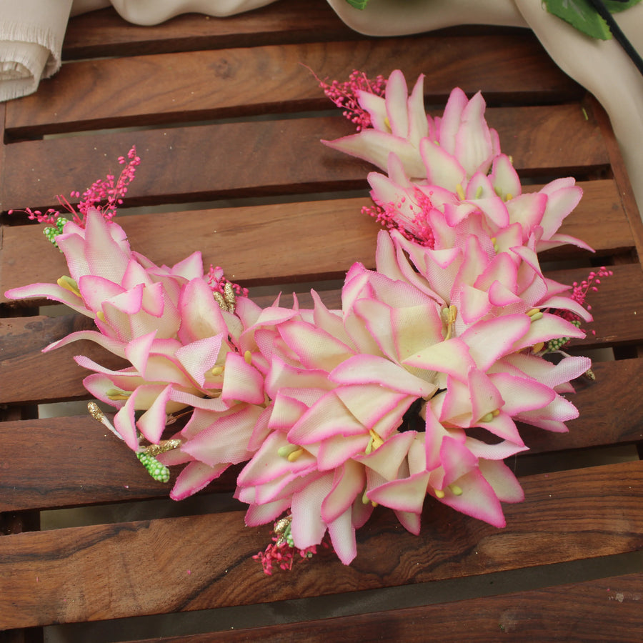 Pink-Edged Cream Artificial Floral Hair Gajra – Bun Decoration - Sparkle and Glow