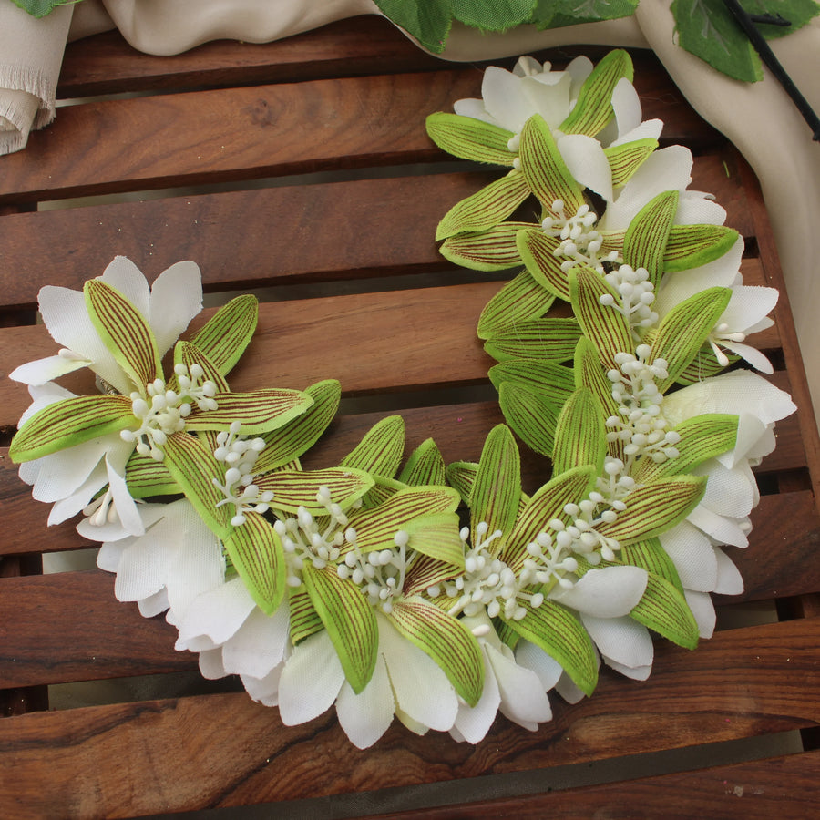 Green & White Artificial Floral Hair Gajra – Leaf Design - Sparkle and Glow