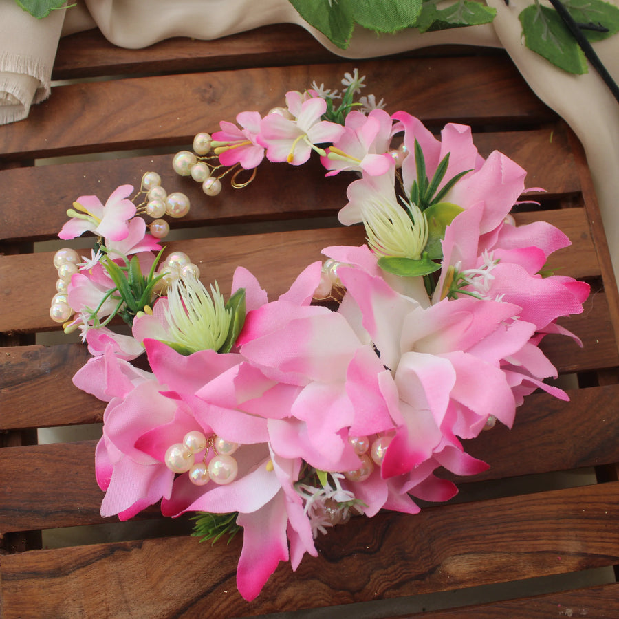 Pink & White Artificial Floral Gajra with Pearl Clusters – Bun Hair Accessory - Sparkle and Glow