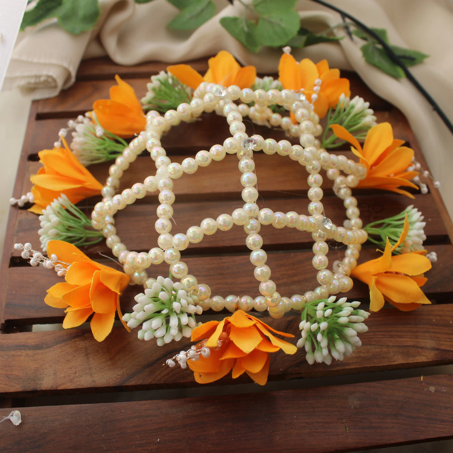 Pearl & Orange Floral Bun Cage – Bridal Hair Accessory - Sparkle and Glow