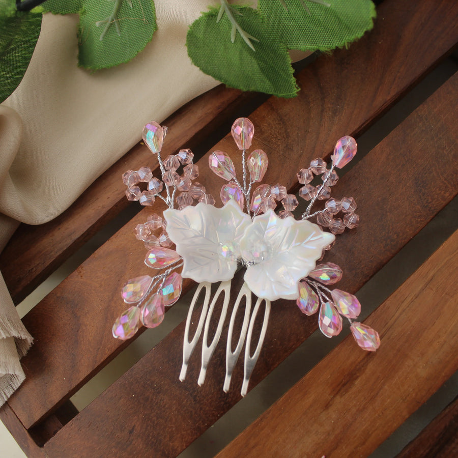 Pink Crystal Bead Juda Pin with Pearl Leaf Design - Sparkle and Glow