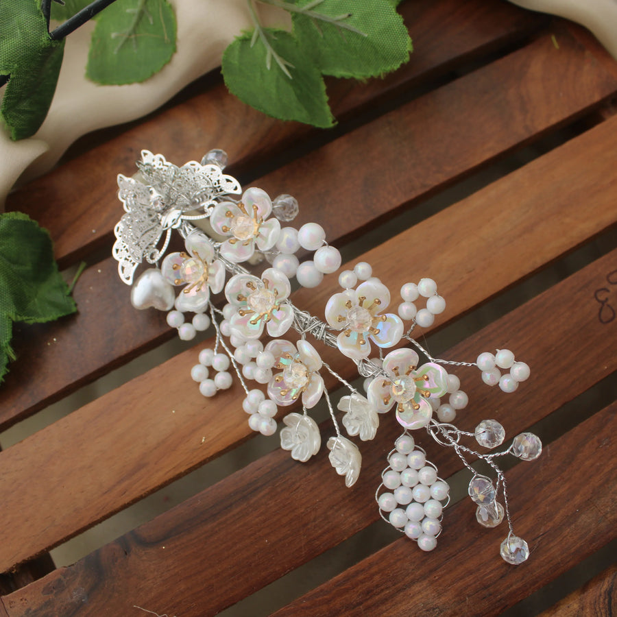 White Pearl Floral Juda Pin with Butterfly Design – Bridal Hair Accessory - Sparkle and Glow