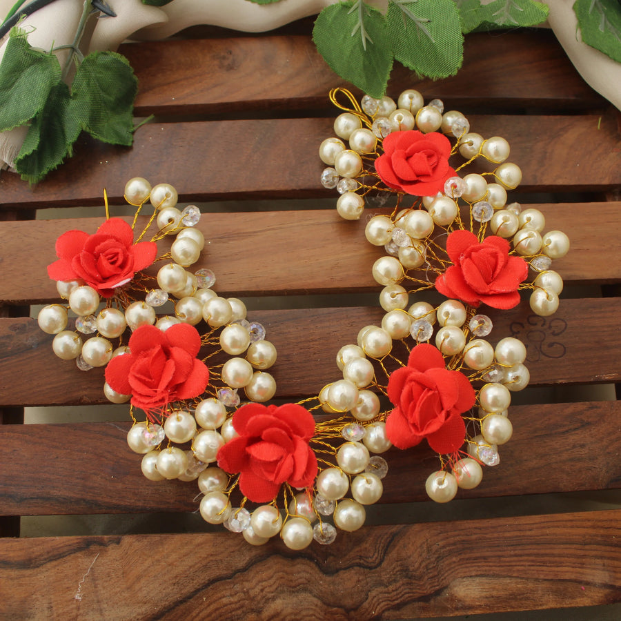 Red Rose & Pearl Bead Artificial Gajra – Bridal Bun Hair Accessory - Sparkle and Glow