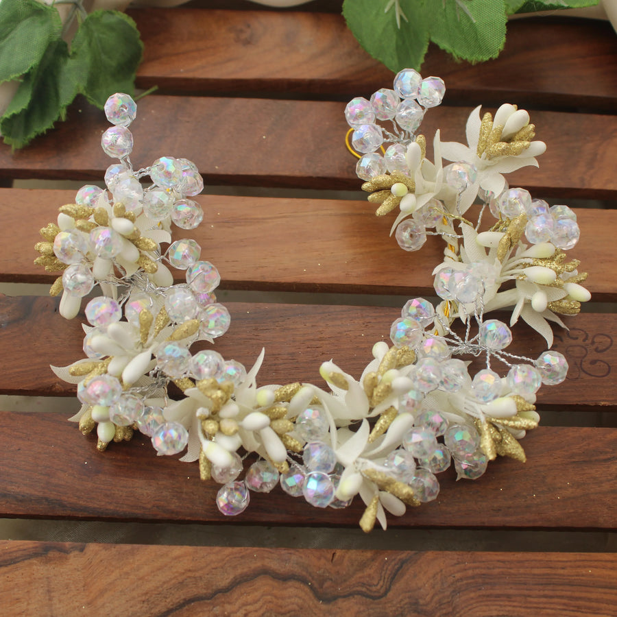 White & Gold Crystal Bead Artificial Gajra – Bridal Bun Hair Accessory - Sparkle and Glow