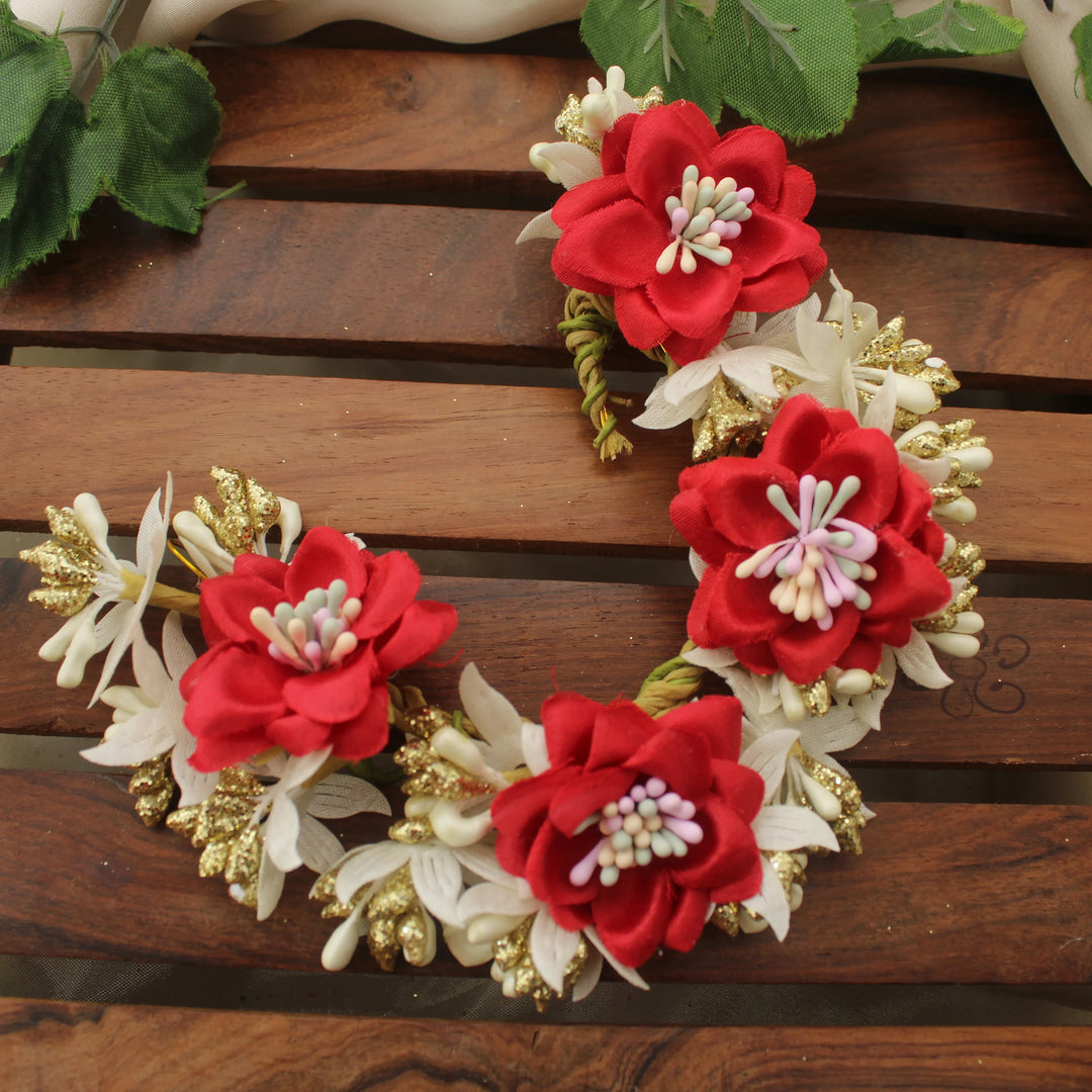 Red & White Artificial Floral Gajra with Gold Accents - Sparkle and Glow