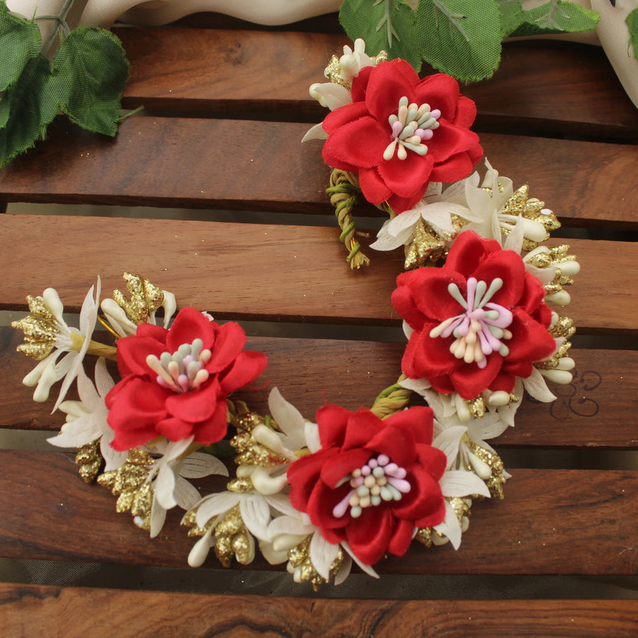 Red & White Artificial Floral Gajra with Gold Accents - Sparkle and Glow
