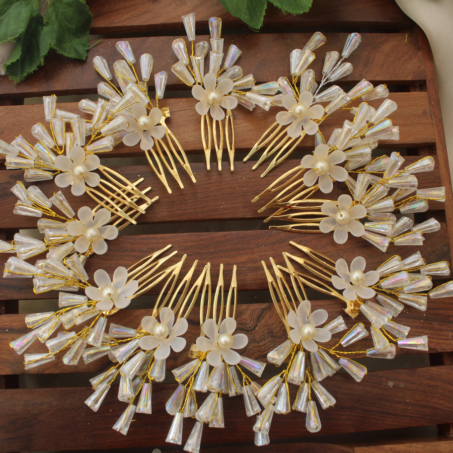 Golden Floral Hair Comb Set with Crystal Beads – Pack of 12 Juda Pins - Sparkle and Glow