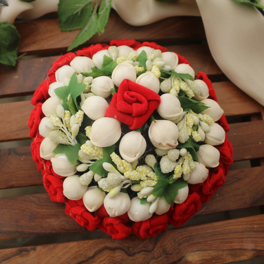 Red & White Artificial Rose Veni Gajra – Bun Floral Hair Accessory - Sparkle and Glow