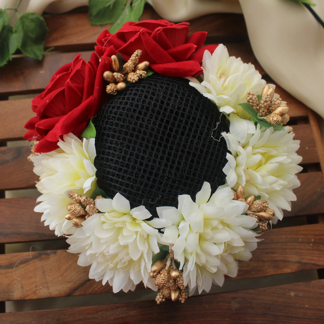 Floral Bun Net Red & White Juda Cover – Hair Accessory