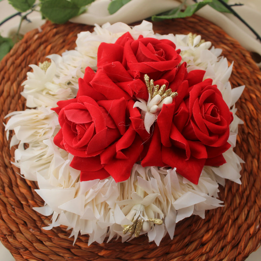 Red & White Artificial Rose Veni Gajra – Bridal Bun Floral Accessory - Sparkle and Glow