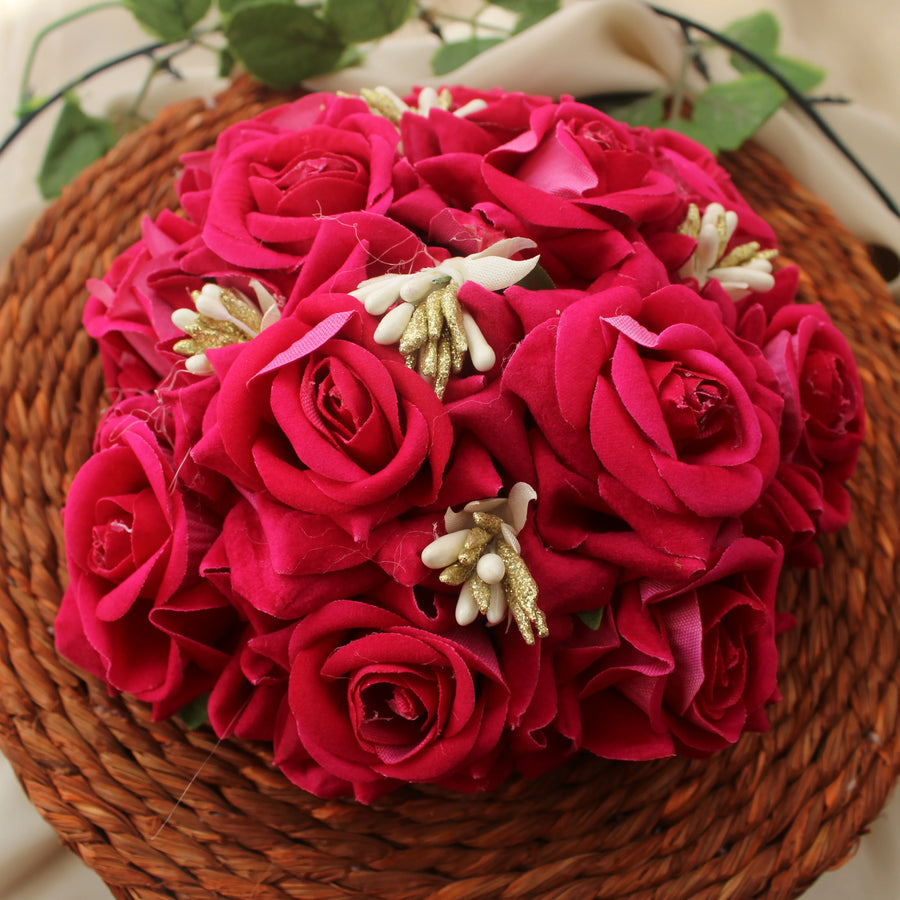 Dark Pink Rose Artificial Veni Gajra with Golden Accents – Bridal Bun Hair Accessory - Sparkle and Glow