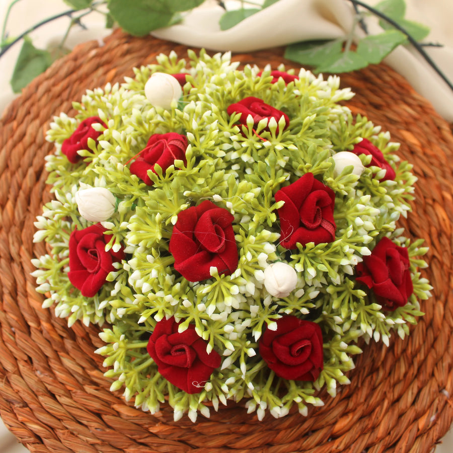 Red Rose & Green Jasmine Artificial Veni Gajra – Bridal Bun Hair Accessory - Sparkle and Glow