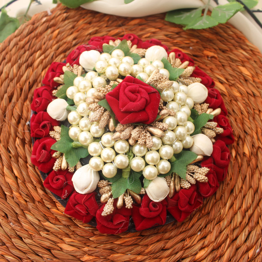 Traditional Bridal Bun Gajra with Pearls & Red Roses - Sparkle and Glow