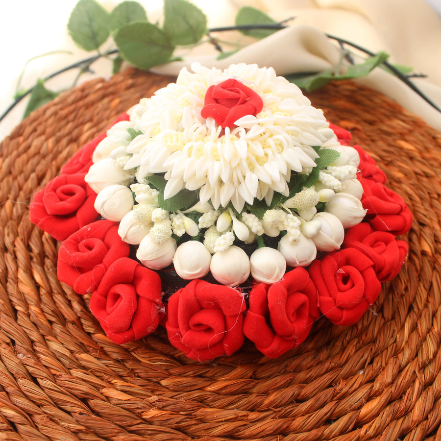 Layered Red & White Floral Juda Gajra with Jasmine Buds - Sparkle and Glow