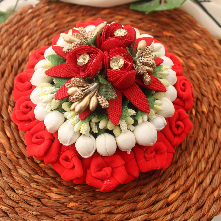 Layered Red Rose Juda Gajra with Jasmine Buds & Golden Accents - Sparkle and Glow